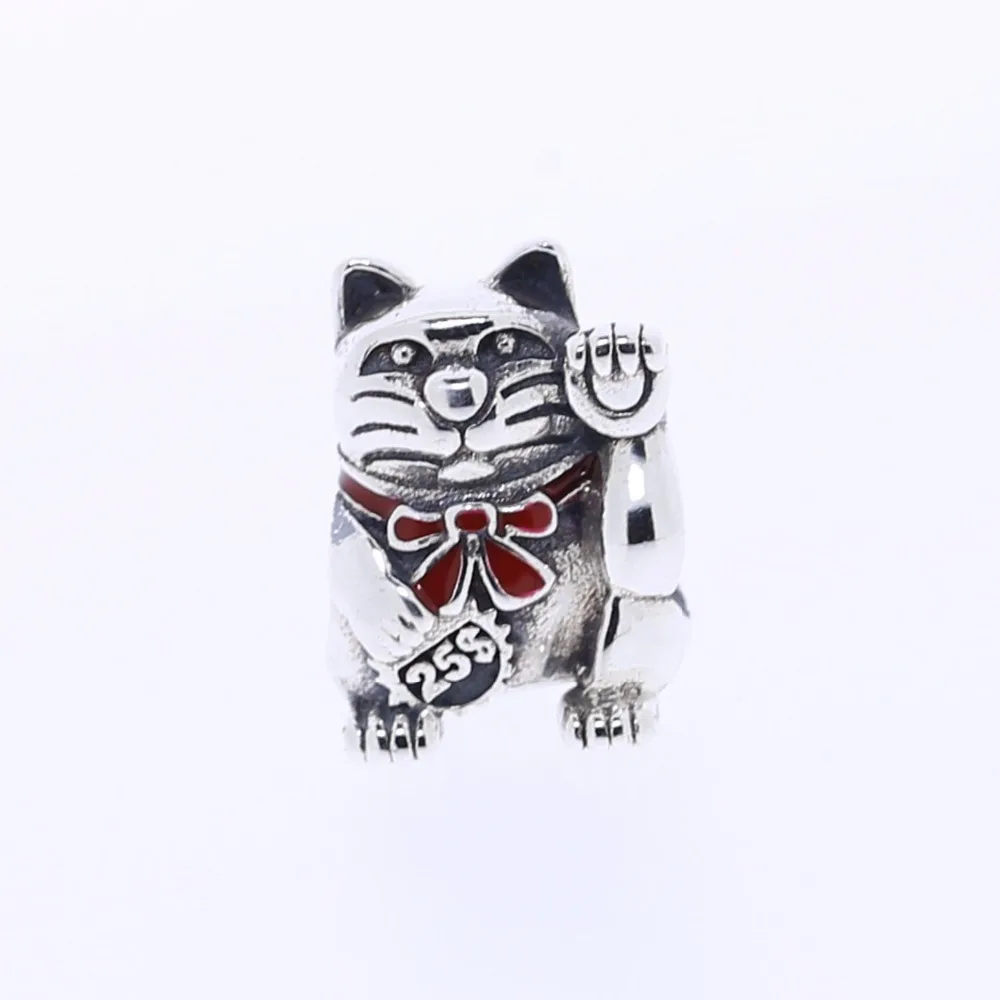 Стерлингового серебра 925 лаки фортуна maneki кот с красным бантом эмаль подходит