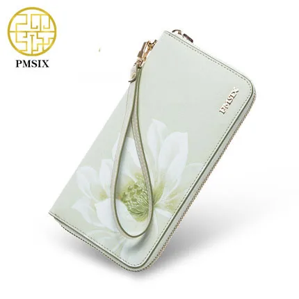 Light Green PMSIX бренд Vingate коровья кожа Женский Длинный кошелек цветок тиснение женский кошелек на молнии Зажимы для денег женский кошелек для карт P420001 - Цвет: Light Green