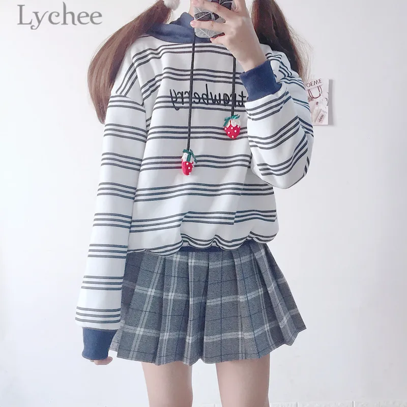 Lychee Сладкий Клубника вышивка в полоску толстовка с капюшоном осень зима флис с длинным рукавом повседневные свободные толстовки пуловеры