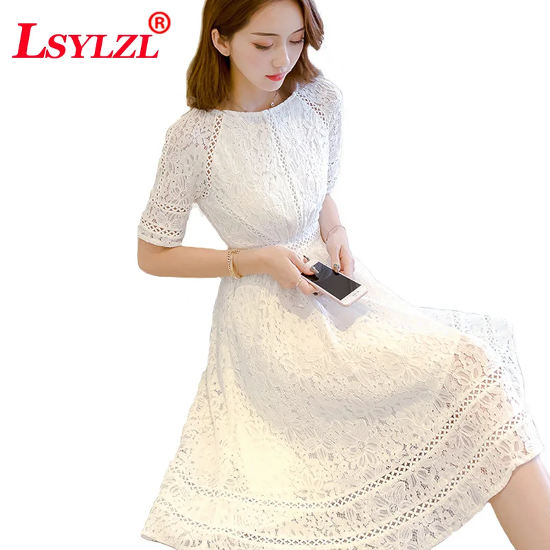 Lsylzl 2018 Для женщин белый Платье черного цвета короткий рукав платье