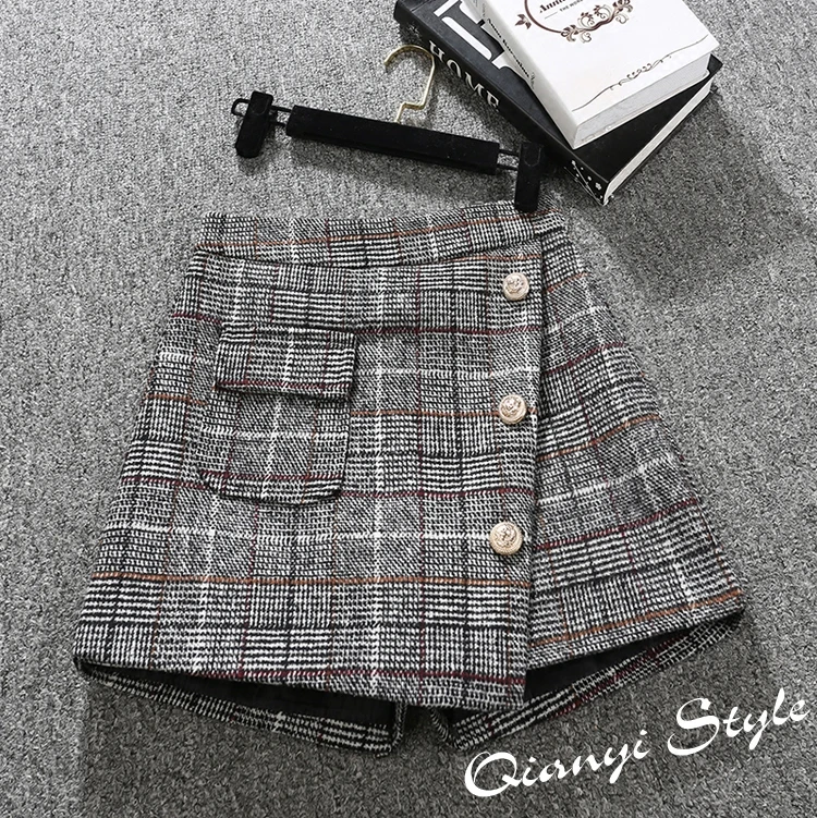 2018 весенние женские шорты с высокой талией A line широкие брюки Клетчатая Шерстяная