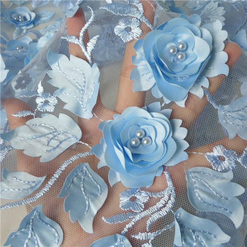 

1.6 Yards Delicate French Lace Fabrics Light Blue Pearl Beaded Tulle Mesh Lace Fabric Embroidered 3D Flower Wedding Dress