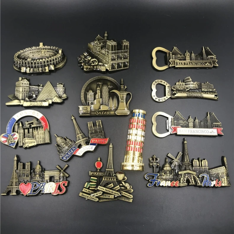 

(5 pieces / lot)United Kingdom Italy Rome France Notre Dame United States Qatar Pisa Leaning Tower Metal Fridge Magnet