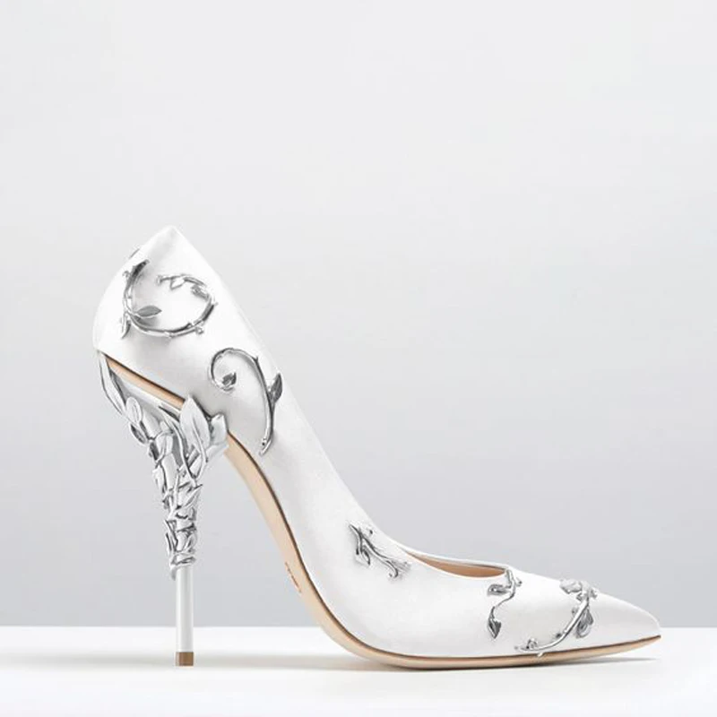 White Pumps Teahoo/Роскошные Брендовые женские туфли-лодочки с острым носком; свадебные туфли на каблуке с цветочным узором; женские элегантные шелковые брендовые дизайнерские туфли-лодочки на высоком каблуке - Цвет: White Pumps