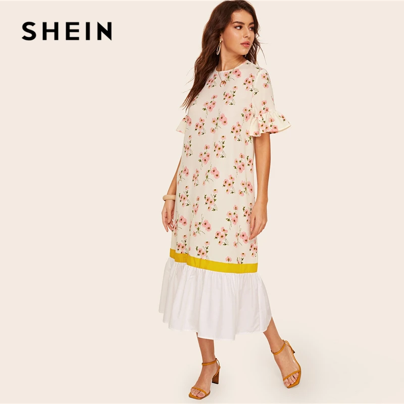 SHEIN платье с оборками, манжетами и подолом, с растительным принтом, женское белое платье с рукавами-воланами, Boho, летние платья на пуговицах