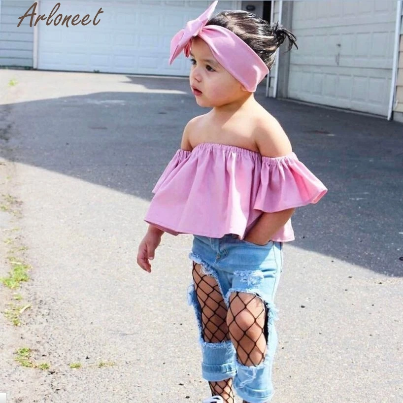 2017 fashiontoddler детские для маленьких девочек Off Shoulder Ruffle футболка Топы