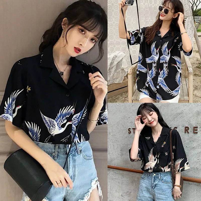 

Women Red Crowned Crane Print Blusas Tops Chinese Style Shirt 2019 Short Sleeve V Neck Chiffon Blouse Female Vintage Shirts