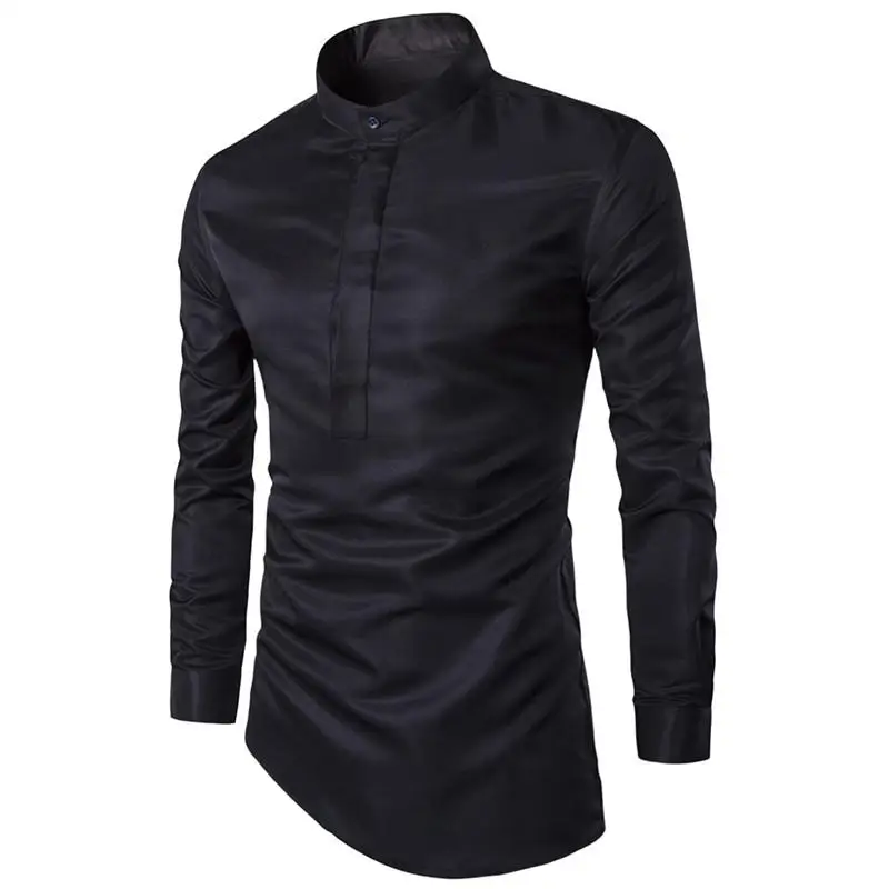 

LOLDEAL New Black White Cotton Stand Collar Irregular Pullover Plus Size Casual Slim Shirts Fashion Cardigan Shirts for Male