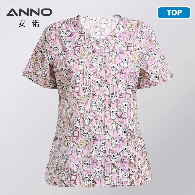 16SS052BeiBeiXio-Top ANNO, медицинская одежда с героями мультфильмов, о-образный вырез, наборы для ухода, униформа для ухода за телом, одежда для стоматолога, клиническая форма для женщин - Цвет: 16SS052BeiBeiXio-Top
