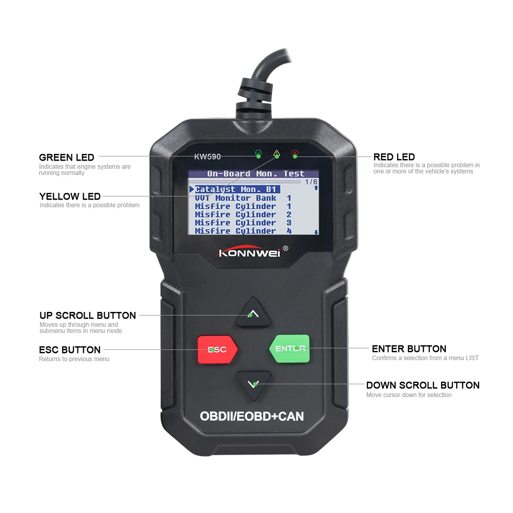 KONNWEI KW590 OBD2 автоматический диагностический инструмент сканер кода поддерживает 12 В 16PIN бензин/дизель автомобиль OBD II авто код ридер