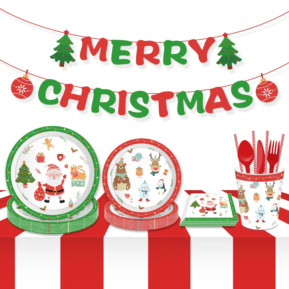 Merry Christmas Санта Клаус наборы посуды рождественские украшения для дома одноразовые тарелки салфетки чашки бумажные соломинки для напитков