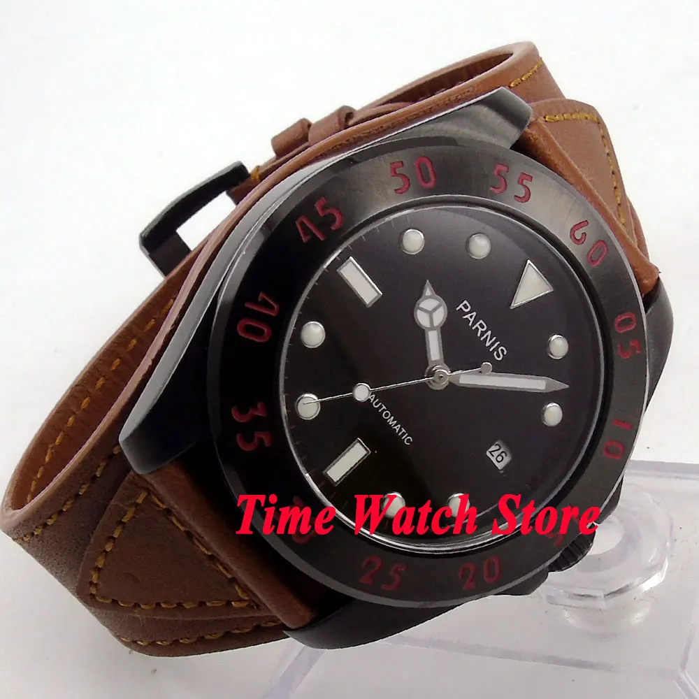 

Parnis 43mm black dial luminous sapphire glass PVD case brown leather strap 10ATM MIYOTA Automatic mens watch 391A