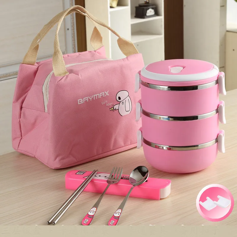 Pink 3 Layer 304 термо-бокс из нержавеющей стали для детей и взрослых, японский стиль, контейнер для хранения еды, изоляционный портативный Ланчбокс, наборы - Цвет: Pink 3 Layer