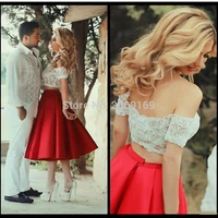 2020 sexy off shoulder lace bodice a line tea length red satin skirt chic two piece graduation dresses special occasion dresses