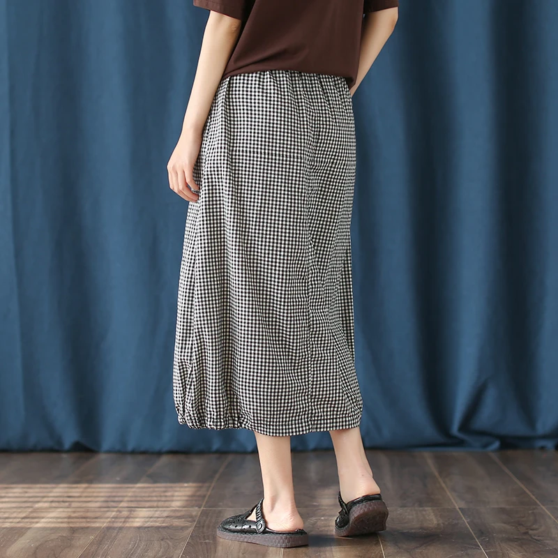 Повседневная винтажная клетчатая эластичная талия карман бутон A-Line юбка женская