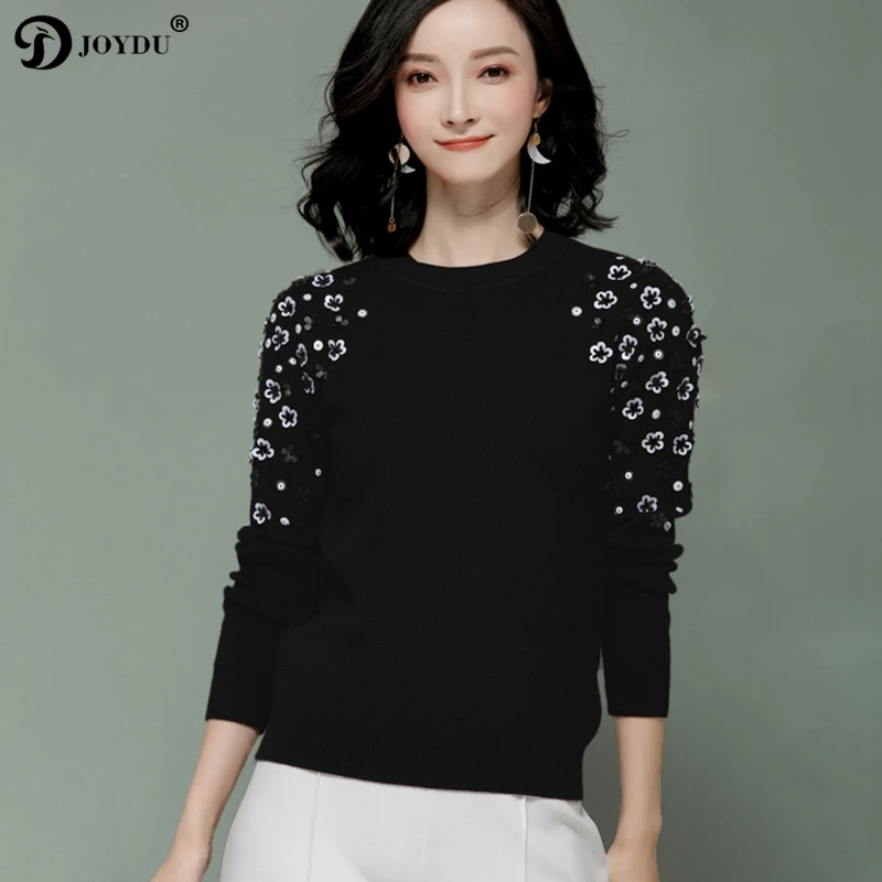 JOYDU Runway Design Sweater Women 2018 Korean Fashion Knit Pullover Flower Beading Office Lady Winter Casual Jumper pull femme | Женская