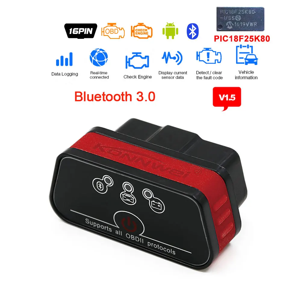 SC01-E02 BT3.0 Konnwei KW901 elm 327 obd2 Bluetooth V1.5 Pic18f25k80 чип OBD2 bluetooth сканер для считывания штрих-кода диагностический инструмент крутящий момент для Android - Цвет: SC01-E02 BT3.0