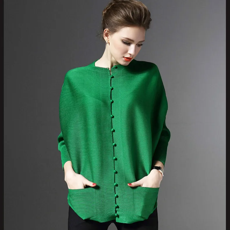green Женская футболка размера плюс,, тянущаяся, Miyake, плиссированная, однобортная, свободная, одноцветная, с длинным рукавом, большой размер, футболки для 45-80 кг - Цвет: green