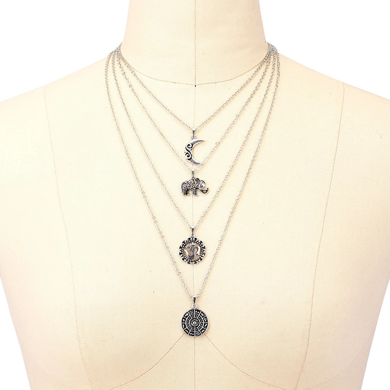4 Pcs/Set Retro Moon Om Yoga Round Pendant Silver Color Necklace Female Bohemian Beach Party Ornaments Women Set | Украшения и