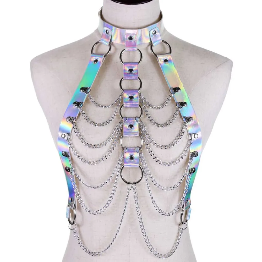 

Holographic Leather Body Chain Harness Top Punk Women Holo Rainbow Waist Jewelry Festival Rave Outfit