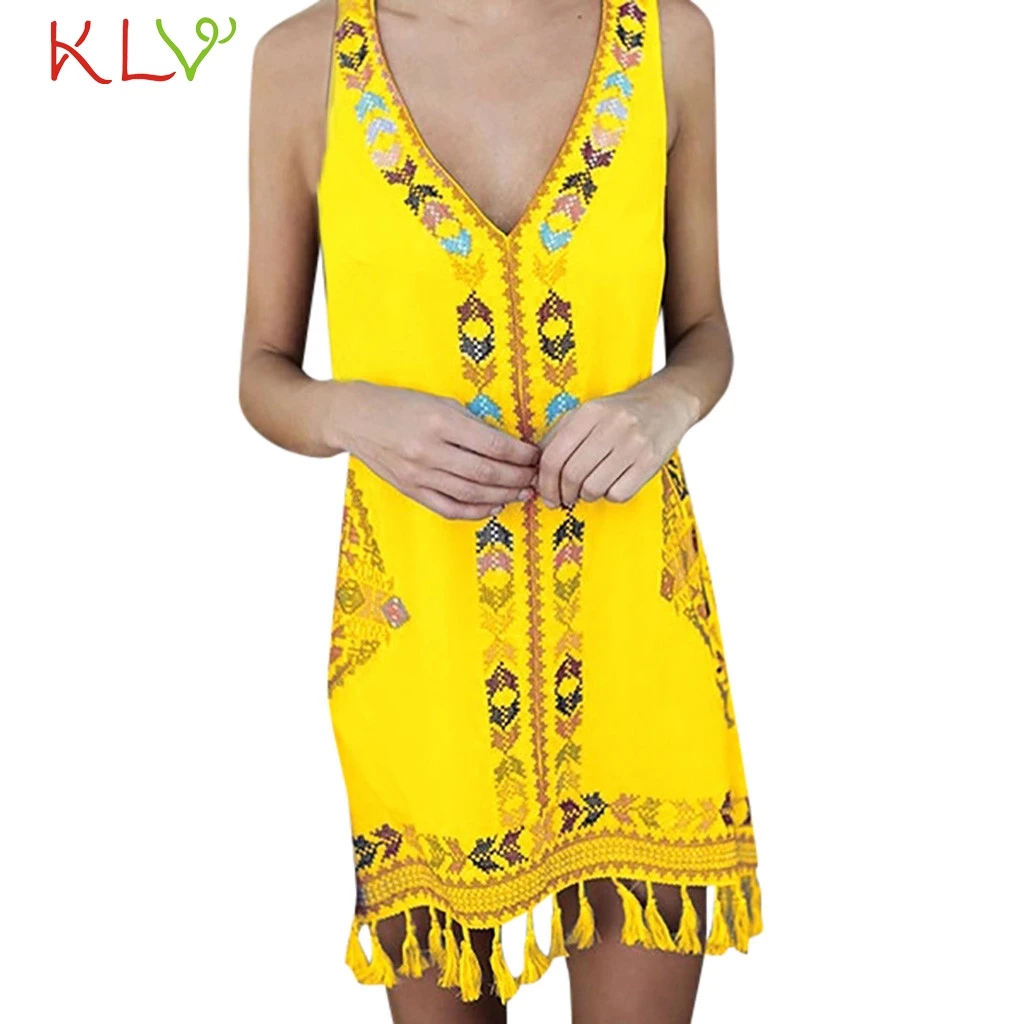 Женское платье с кисточками Boho сексуальное повседневное пляжное мини для