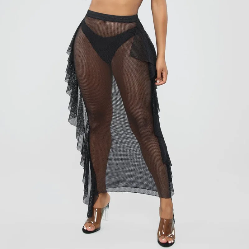 BOOFEENAA Sexy Black Mesh Ruffles Long Skirt Beach Bottoms See Through High Waist Pencil Skirts Womens Summer C66-AZ30