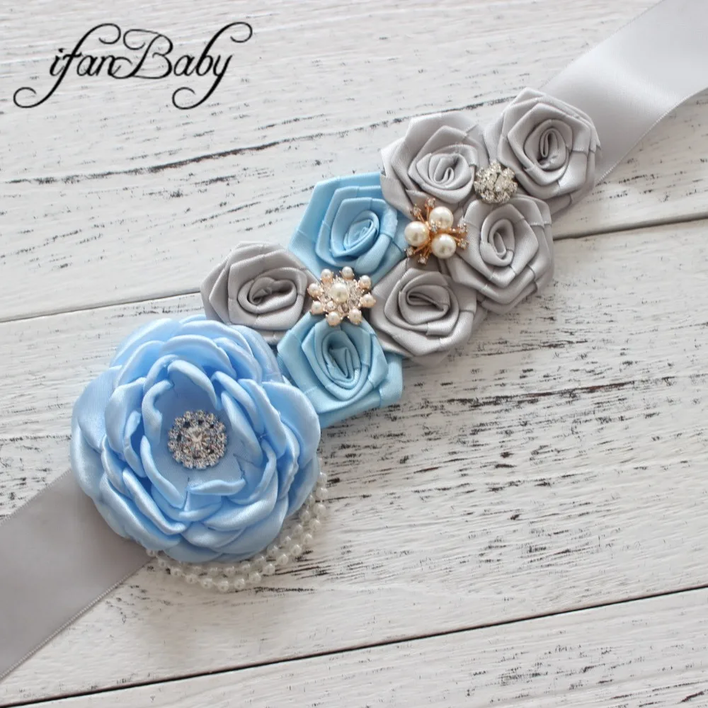 Grey/Blue women belt girl flower sash wedding Sash matching Rose burn fabric headband 1 SET | Аксессуары для одежды