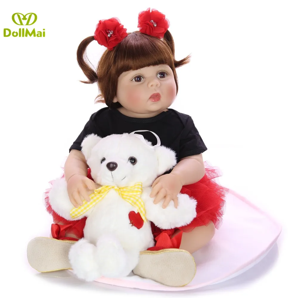 

DollMai 23 Inch Real Silicone Body Reborn Baby Doll Fashion bebes Reborn Girl Princess Doll For Kid Birthday Gift tan skin
