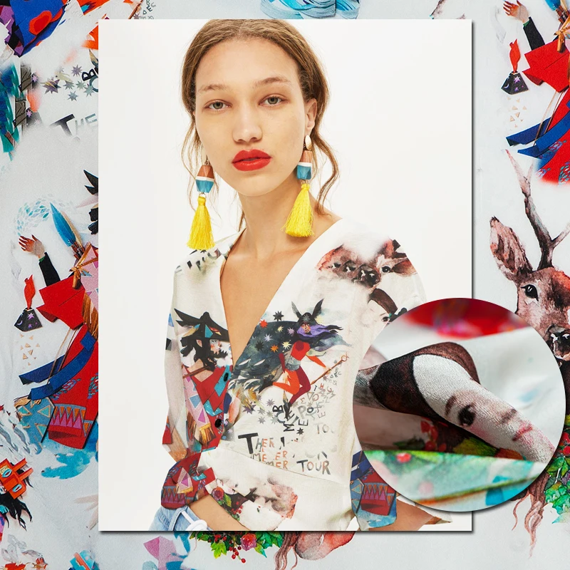 

Ткань крепдешин из чистого шелка с принтом в виде рождественского мультяшного оленя для женщин и героев, для шитья рубашки, блузки, платья, ю...