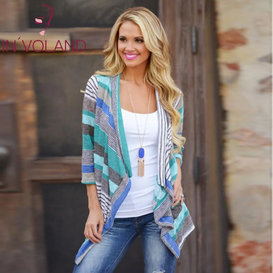 Women Cardigans Autumn Spring Casual 3/4 Sleeve Patchwork Asymmetry Hem Red Blue Long Cardigan Summer BOHO Beach Female |