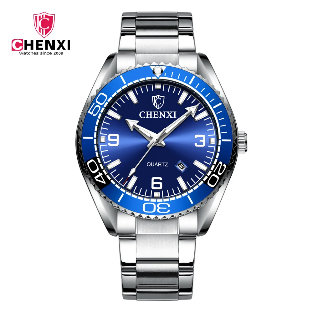 Blue CHENXI брендовые модные повседневные мужские часы мужские из нержавеющей стали Кварцевые спортивные наручные часы уникальные светящиеся руки водонепроницаемые часы подарок - Цвет: Blue