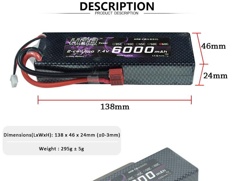 2 шт. HRB 2S 7,4 V 6000mah 60C Lipo батарея RC части жесткий чехол T XT60 Deans EC5 XT90 для Traxxas TRX4 Багги автомобили FPV Самолет лодка