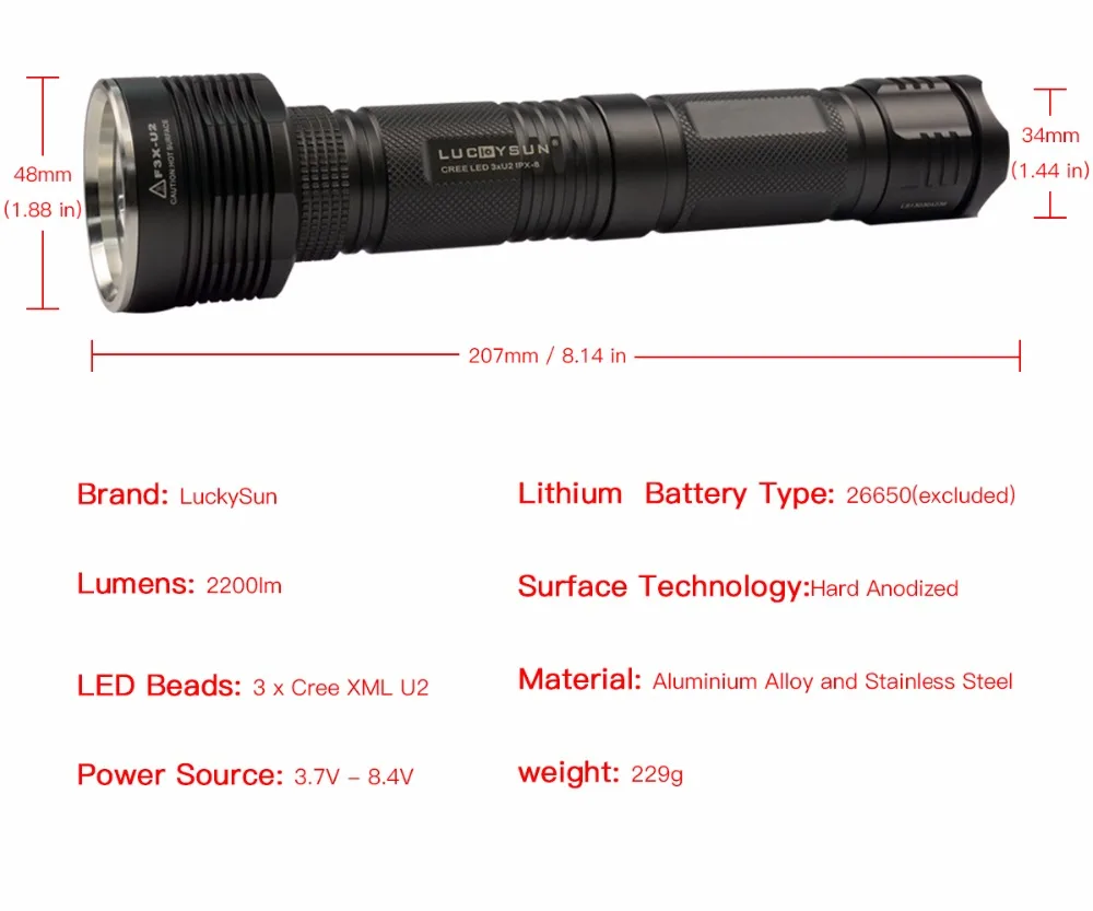 LUCKYSUN F3X 26650 LED flashlight torch light cree lanterna lamps 2300LM Super Bright Extended Tube for longer working time | Освещение
