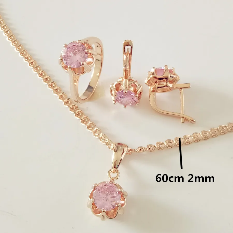 set with 60cm chain Модный Ювелирный Набор 585 цвета розового золота, модный круглый розовый кубический циркон, женское ожерелье, серьги, свадебные ювелирные наборы - Окраска металла: set with 60cm chain