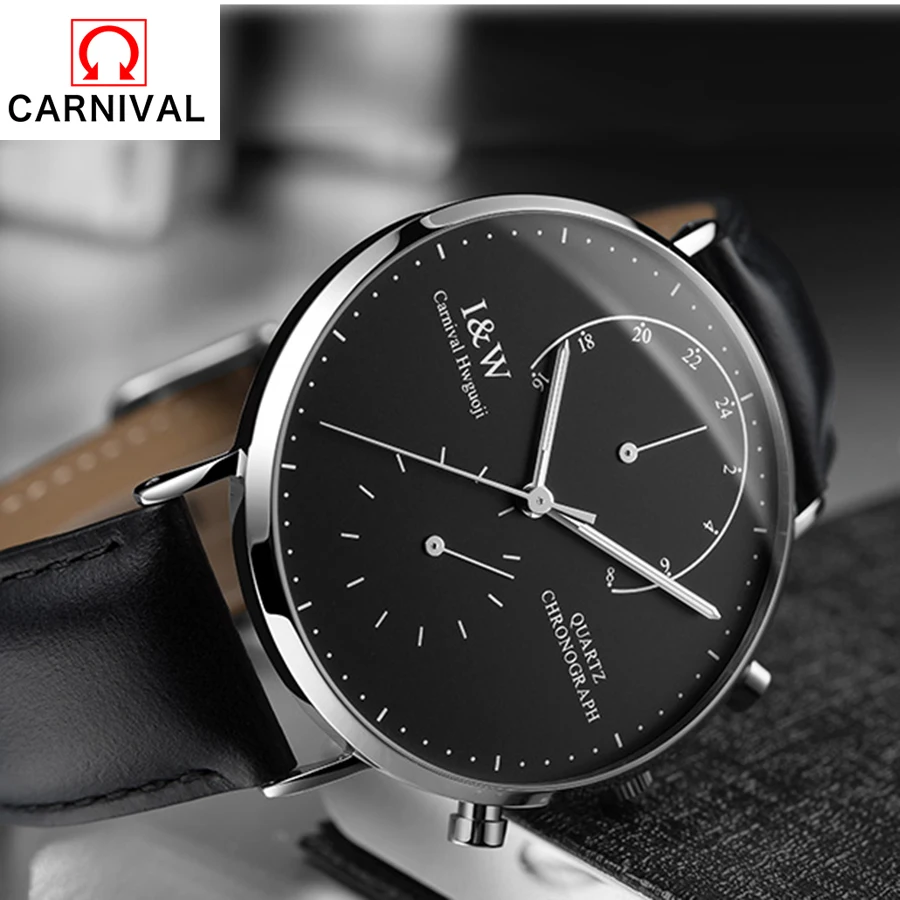 Carnival2018 Multifunction Black Leather Watches Watch Men Quartz Ultra-thin Dial Waterproof Stainless Steel Multiple Time Zone