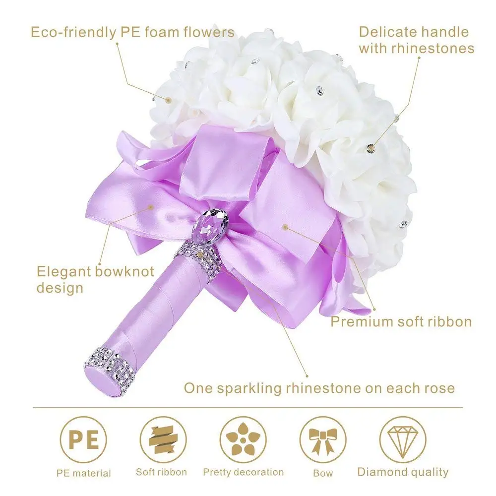 2019 Handmade Beautifu Lilac Bridal Bridesmaid Flower Wedding Bouquet Artificial Rose Ribbon Crystal Bouquets de noiva | Свадьбы и