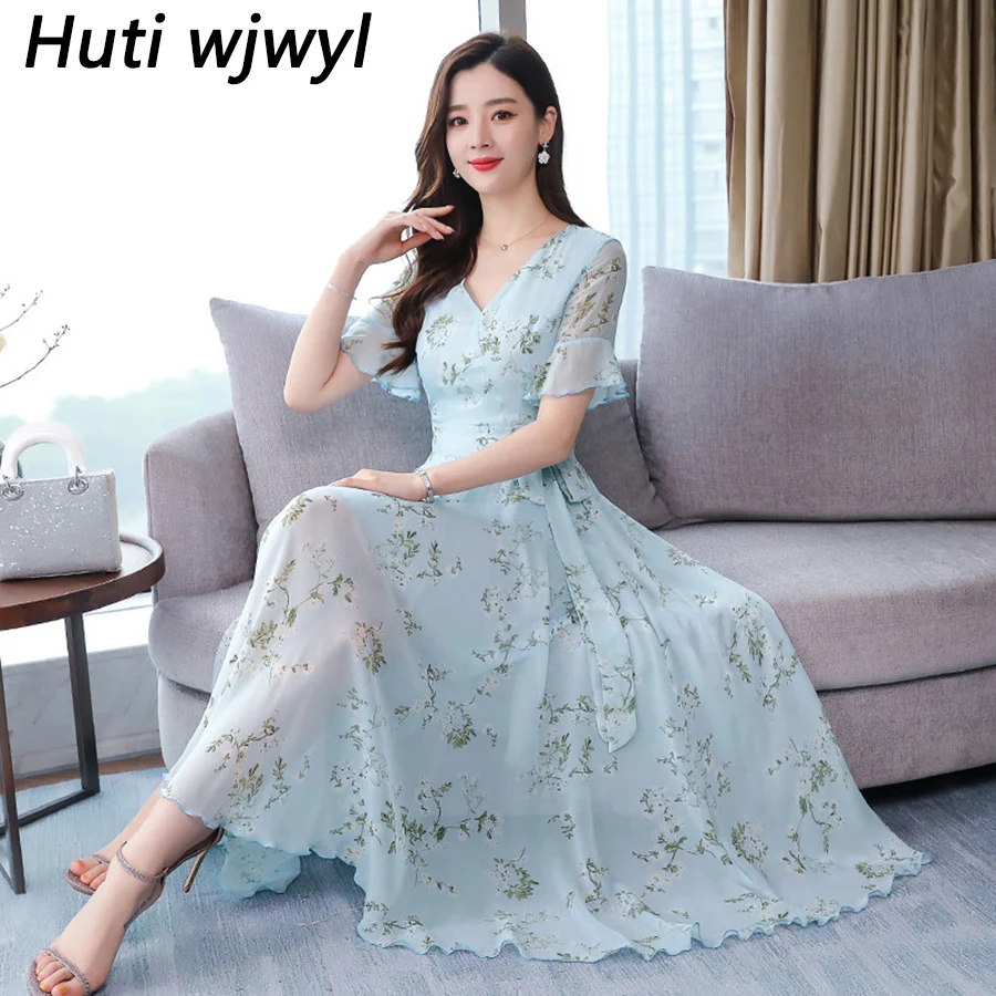 2020 синее шифоновое платье миди с цветочным принтом летнее винтажное 3XL размера