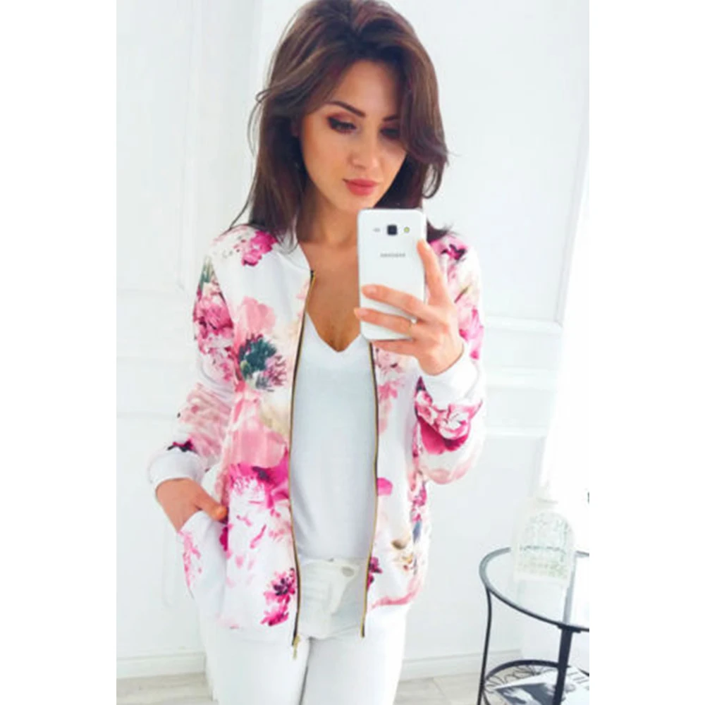 

2019 Spring Women's Vintage Short Jacket Floral Printed Zipper Long Sleeve Outwear Female Jackets Women's Outwear Plus Size