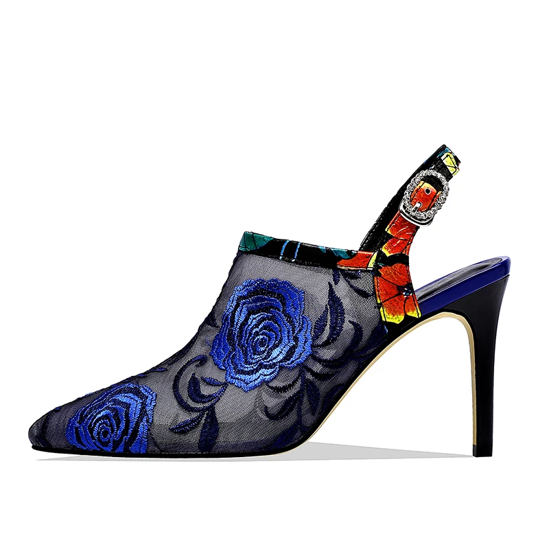 ISNOM сетки новые туфли-лодочки Для женщин Slingback высокие ботинки на каблуках свадебные печати вышивать женская обувь Женские ботинки с острым носком летние