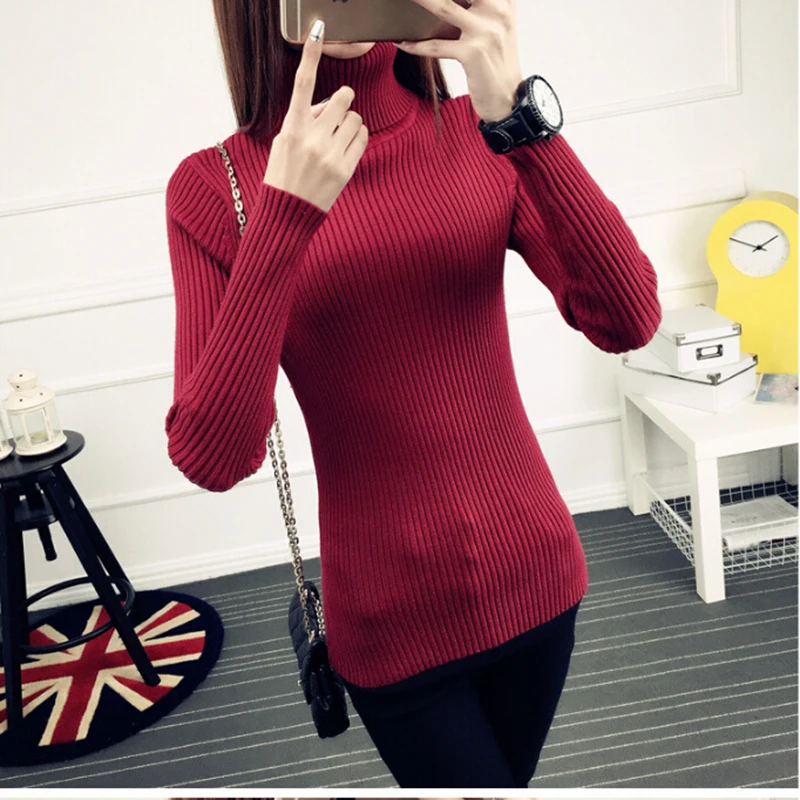 Новый High-Neck Sweater Вязание теплый тонкий Для женщин дна свитер Высокое Качество