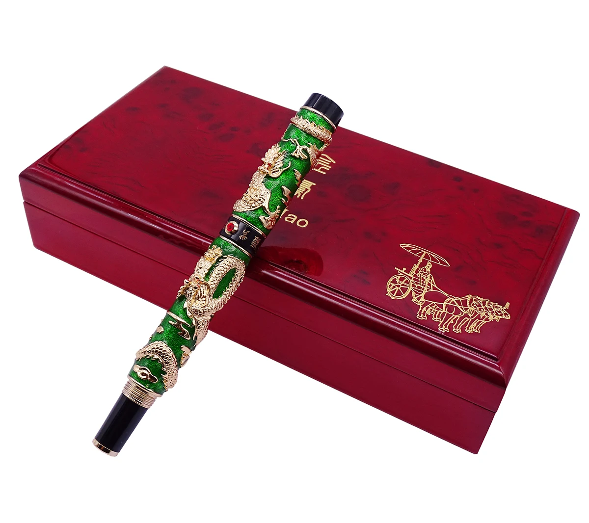 With Wooden Box Роскошная ручная Шариковая ручка Jinhao, зеленая перегородчатая ручка с двойным драконом, подарочная ручка для бизнес-выпускника - Цвет: With Wooden Box