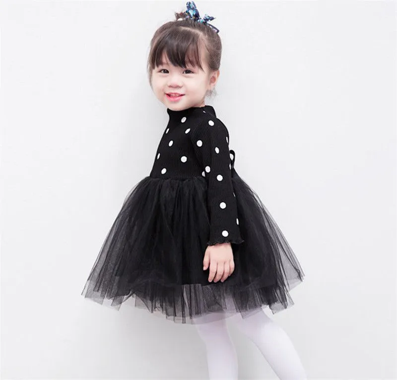 

Cute Newborn Kid Baby Girl Princess Summer Dress Bownot Ball Gown Dress Long Sleeve Knitted Polka Dot Lace Tulle Tutu Dress 0-4T