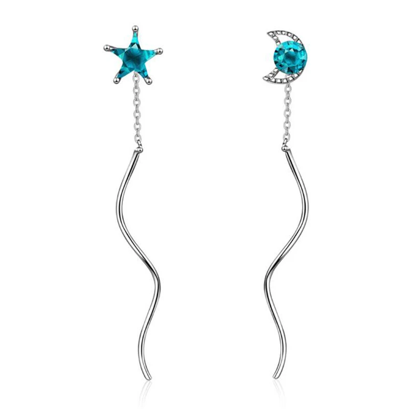 

KOFSAC New Fashion 925 Sterling Silver Earrings For Women Charm Blue Crystal Star Moon Wave Ear Line Earring Fine Jewelry Gifts