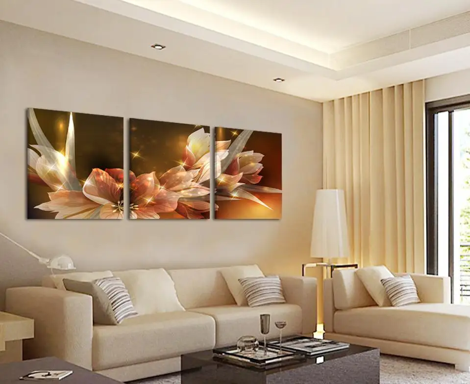 calligraphy Wealth luxury golden flowers 3 Piece Art lotus Picture Home Decor Canvas Modern Wall Prints Painting | Дом и сад