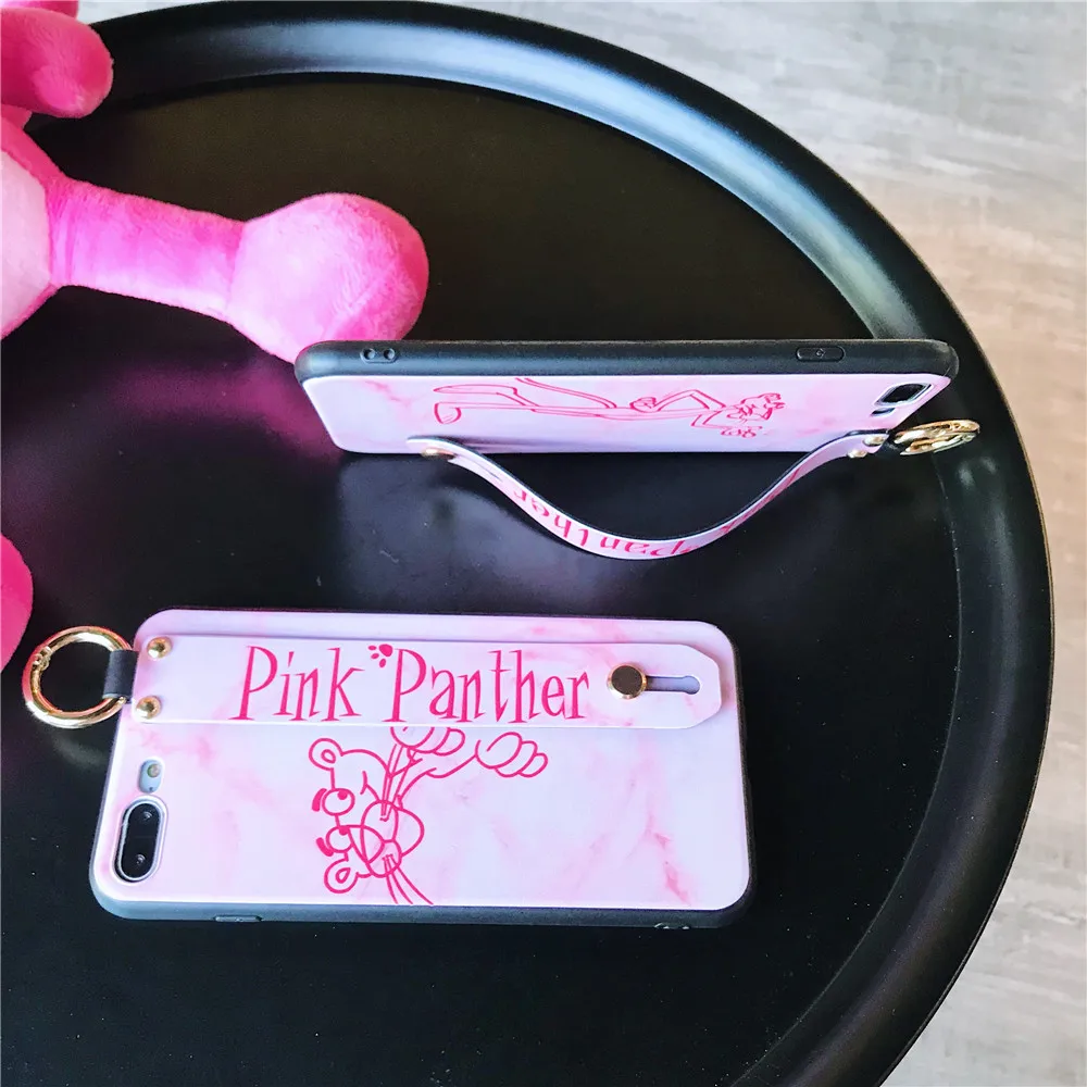 Fashion Pink Panther Ring Phone Case For iPhone X XS MAX XR 6s 7 8 Plus Girl Cute Naughty Leopard Wrist Strap Handbag |