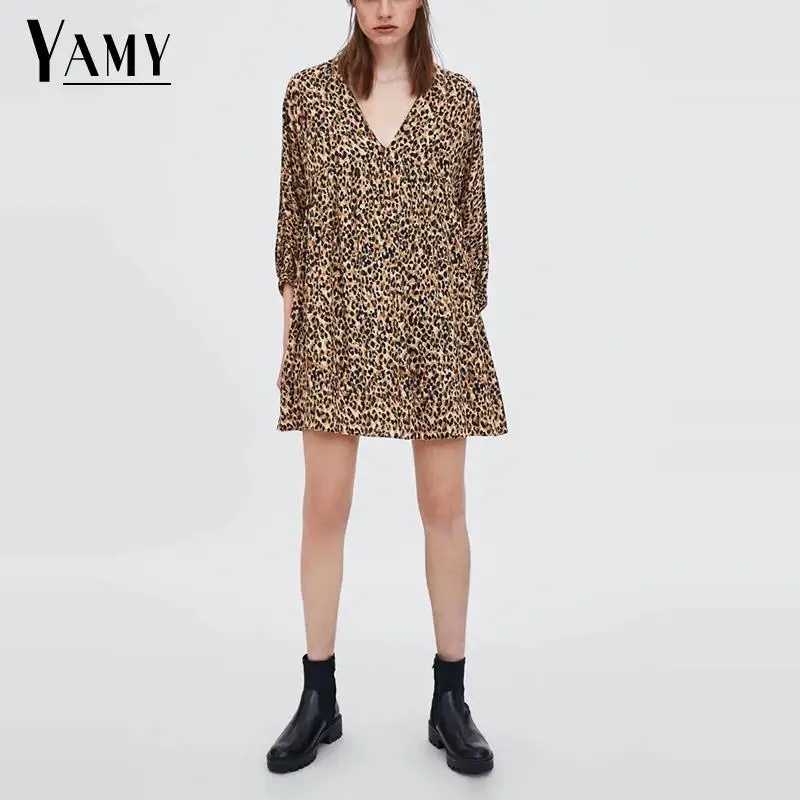 Женское винтажное платье с леопардовым принтом boho элегантное Плиссированное