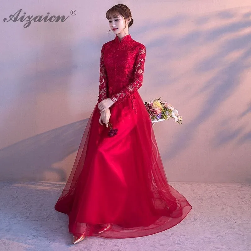 

New Summer Women Chinese Traditional Wedding Dress Qipao Red Oriental Style Long Cheongsam Modern Femme Chinoise Evening Gown