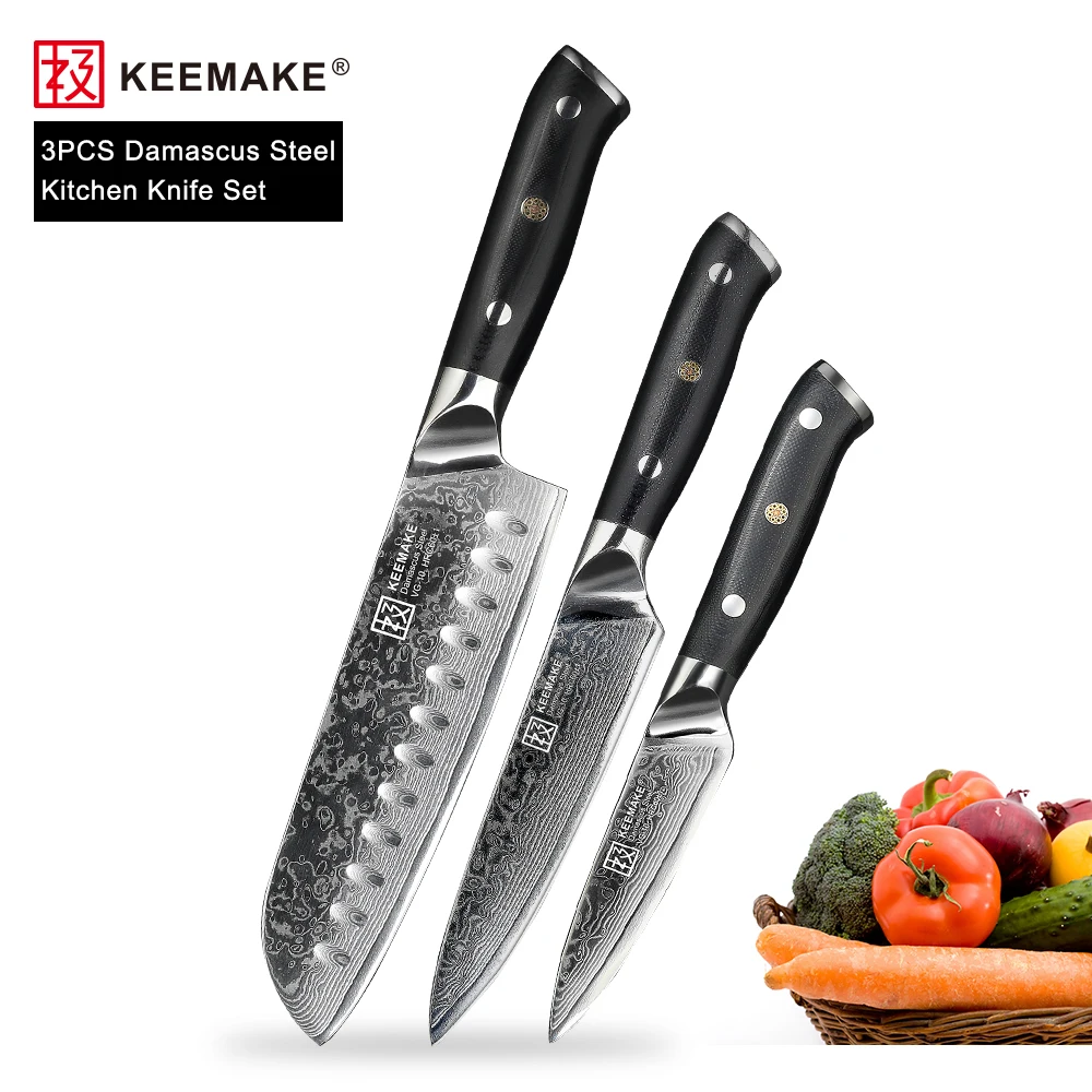 

KEEMAKE 3PCS Kitchen Knives Set Santoku Utility Paring Knife Cooking Tools Japanese Damascus VG10 Steel Razor Sharp G10 Handle