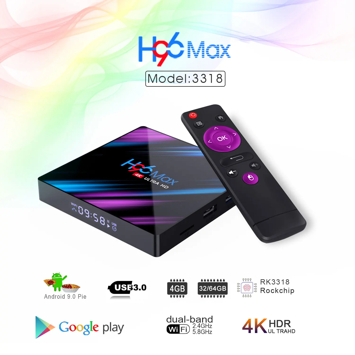 H96 Max Android 9,0 tv BOX Smart Set Box RK3318 64bit 2,4G/5G wifi USB3.0 4k HD для Youtube Netflix