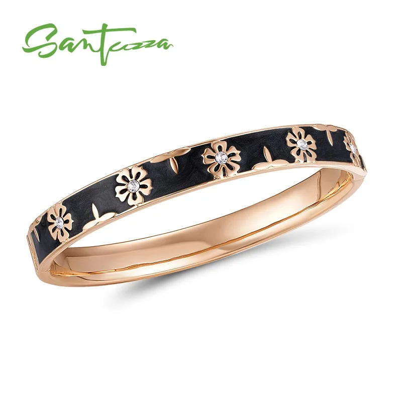Rose Gold (Black) Модный женский браслет SANTUZZA, многоцветные браслеты с цветами, сверкающие кристаллы, модные ювелирные изделия ручной работы, эмаль - Окраска металла: Rose Gold (Black)